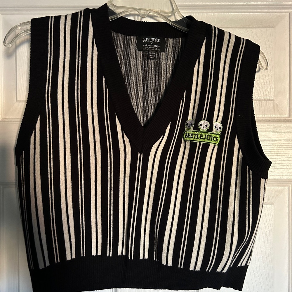 Unique Vintage X Beetlejuice Black and White V-Neck Sweater